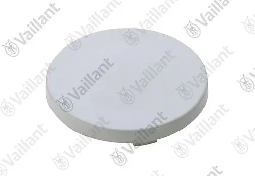 Runder, weißer Deckel mit glatter Oberfläche, markiert mit dem Logo von Vaillant, geeignet zur Abdeckung eines Anschlusses oder Geräts.